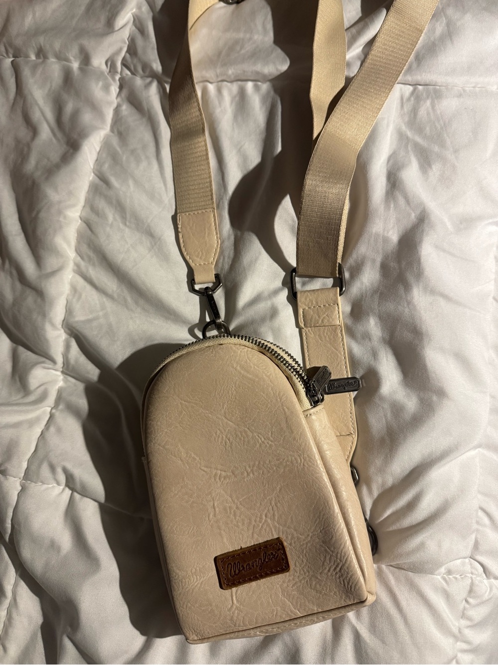 Wrangler Beige Mini Sling Bag with Brown Logo Patch